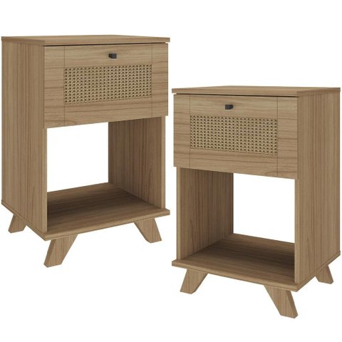Kit 02 Mesas de Cabeceira para Quarto 43cm 1 Gaveta 3D Tessaro A05 Carvalho - Lyam Decor