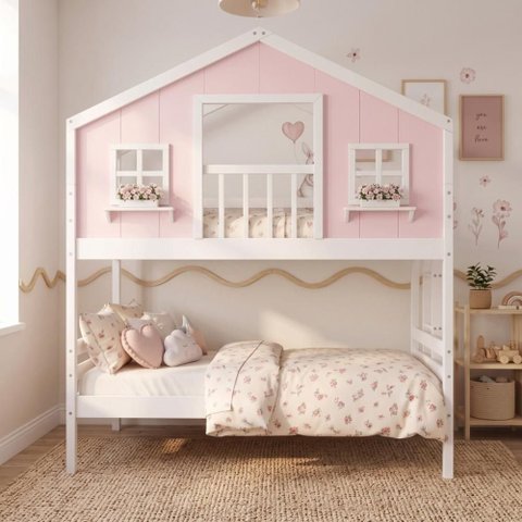 Beliche Infantil Casinha Dos Sonhos com Varanda Madeira Maciça Rosa/ Branco Megamobilia