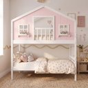 Ver imagem 1 de Beliche Infantil Casinha Dos Sonhos com Varanda Madeira Maciça Rosa/ Branco Megamobilia