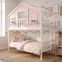 Ver imagem 2 de Beliche Infantil Casinha Dos Sonhos com Varanda Madeira Maciça Rosa/ Branco Megamobilia
