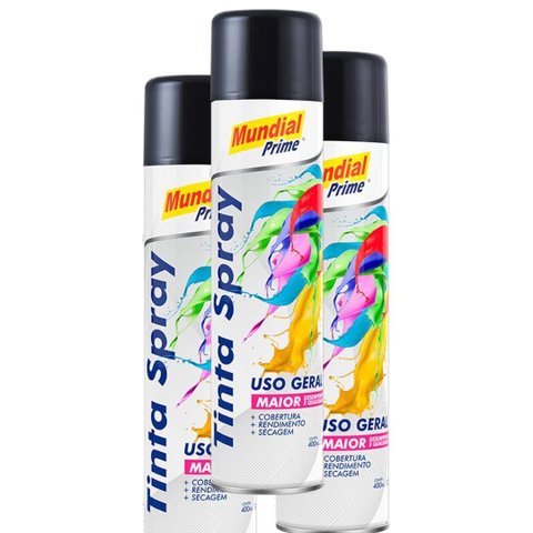 Kit 3 Tinta Spray Uso Geral Preto Brilhante Mundial Prime 400ml