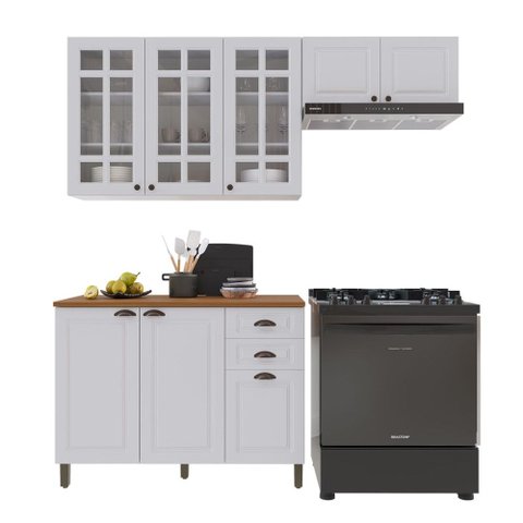 Cozinha Compacta Bariloche 8 Portas 2 Gavetas com Vidro e Tampo 100% MDF 6225 Branco - Indékes