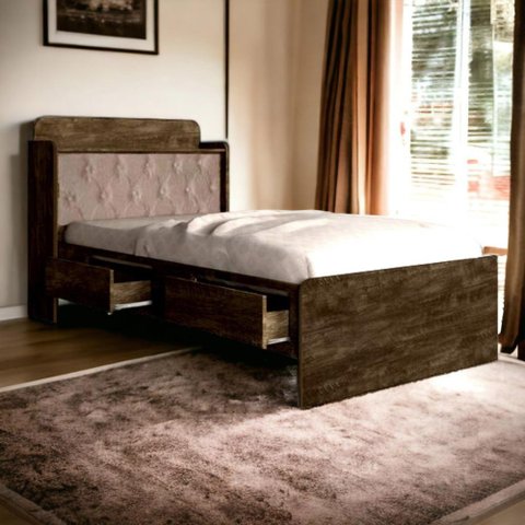 Cama Tamires Castanho com Capitonê Bege e Colchão