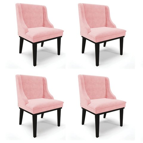 Kit 4 Cadeiras Estofadas para Sala de Jantar Base Fixa de Madeira Preto Lia Suede Rosa bebê - Ibiza