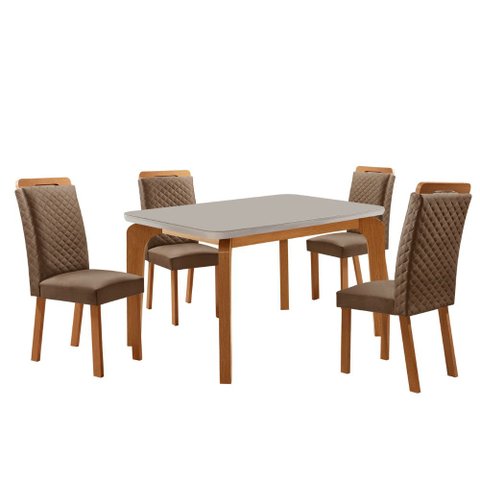 Mesa de Jantar Liz 120cm Tampo MDF Vidro Canto Copo com 4 Cadeiras Lorena