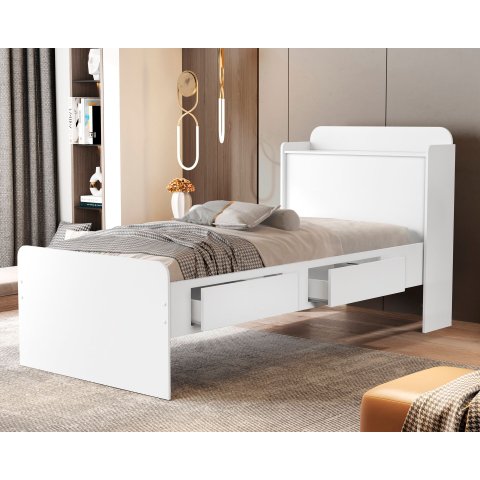 Cama de Solteiro Tamires Branco de Mdf com Gavetas Prateleira e Baú para Quarto Moderna