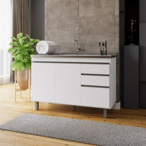 Balcão Armário de Cozinha Premium 120cm Branco S- Tampo - Nathan