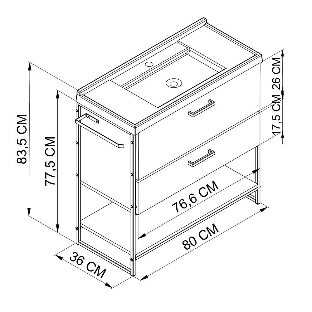 Gabinete Para Banheiro com lavatório 80cm P1008 Placa e Ponto Placa e Ponto Preto/Mel - 2