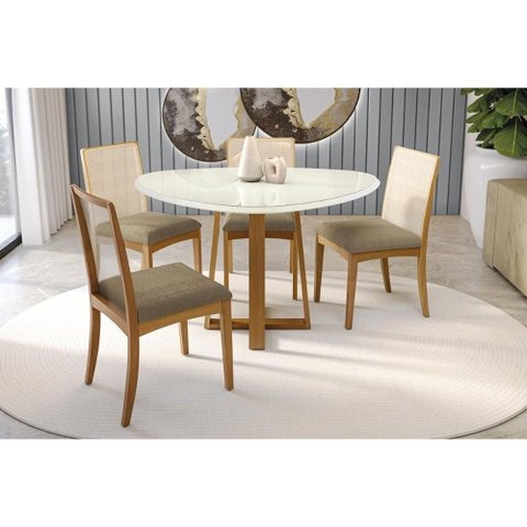 Mesa Cozinha Elma Premium Madeira Maciça C/ Tampo Madeirado C/ Vidro 135x105cm e 4 Cadeiras Lara