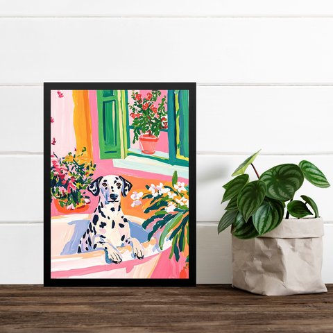 Quadro Decorativo Banheiro Dalmata Flores 33x24cm - com Vidro:moldura Preta