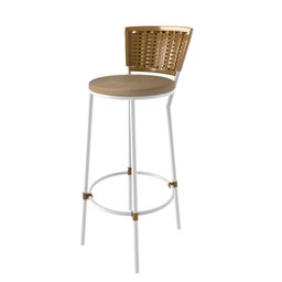 Banqueta Alta Branco com Encosto Junco Dourado, Aço Carbono, Assento Estofado - Cozinha Balcão - 1