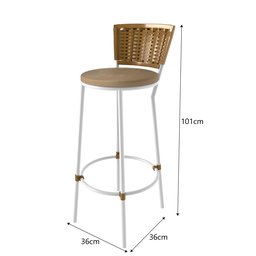 Banqueta Alta Branco com Encosto Junco Dourado, Aço Carbono, Assento Estofado - Cozinha Balcão - 3