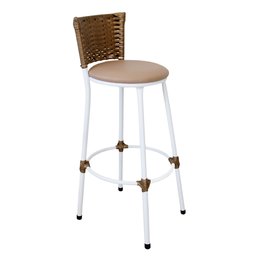 Banqueta Alta Branco com Encosto Junco Dourado, Aço Carbono, Assento Estofado - Cozinha Balcão - 4