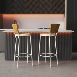 Banqueta Alta Branco com Encosto Junco Dourado, Aço Carbono, Assento Estofado - Cozinha Balcão - 2