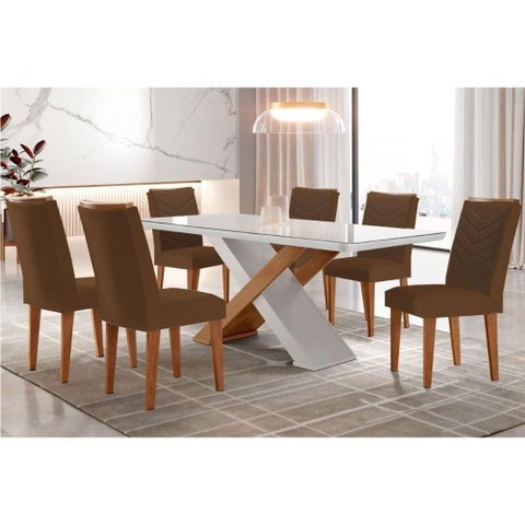 Sala de Jantar Completa Imperatriz Tampo Madeirado C- Vidro Canto Curvo 180x90 e 6 Cadeiras Londrina