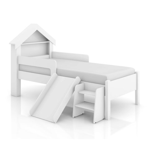 Cama Casinha Infantil Castelo para Quarto da Criança com Escorregador e Escada Moderna Cor Branco