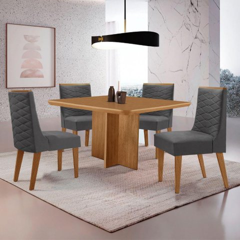 Mesa Olimpia 90 Mdf com 4 Cadeiras Safira Veludo Grafite/naturalle/naturalle