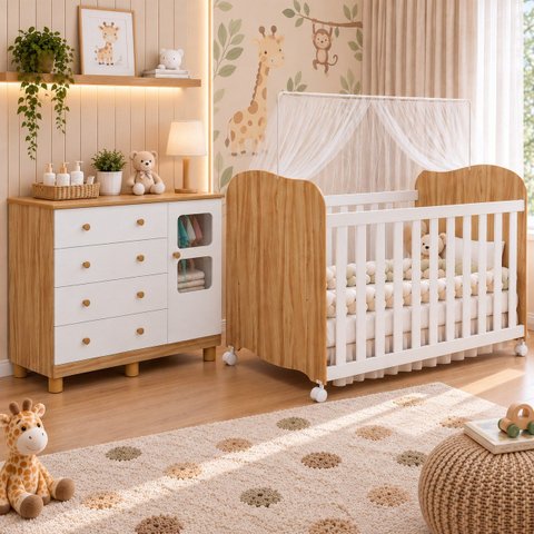 Kit Quarto de Bebê Berço com Cômoda Uli Branco/Amêndoa