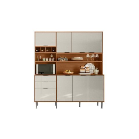 Cozinha Viena 7 Portas 3 Gaveteiros C/ Espaço para Microondas e Vinhos - Jequitiba/off White