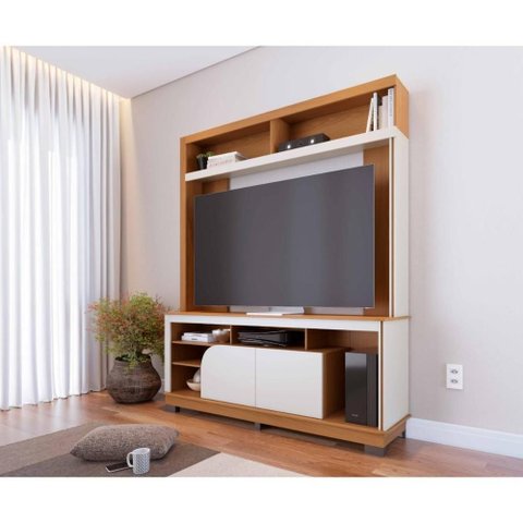 Rack Estante para TV até 65 Polegadas com 2 Portas e Nichos Multimóveis Crcol-RCP030 Madeirado/Off