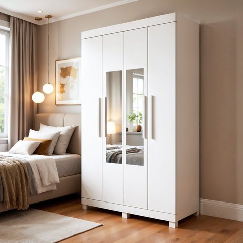 Guarda-Roupa Casal 4 Portas 2 Gavetas com Espelho 100% MDF Jandaia Branco