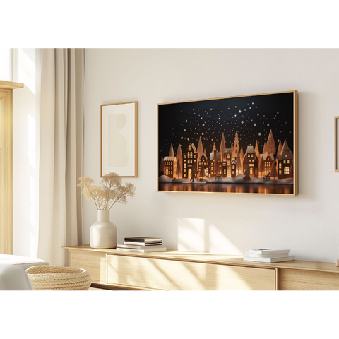 Quadro Decorativo N°237 160x90cm - Panorâmico - Vila de Inverno Iluminada - Madeira Clara - Rollflex