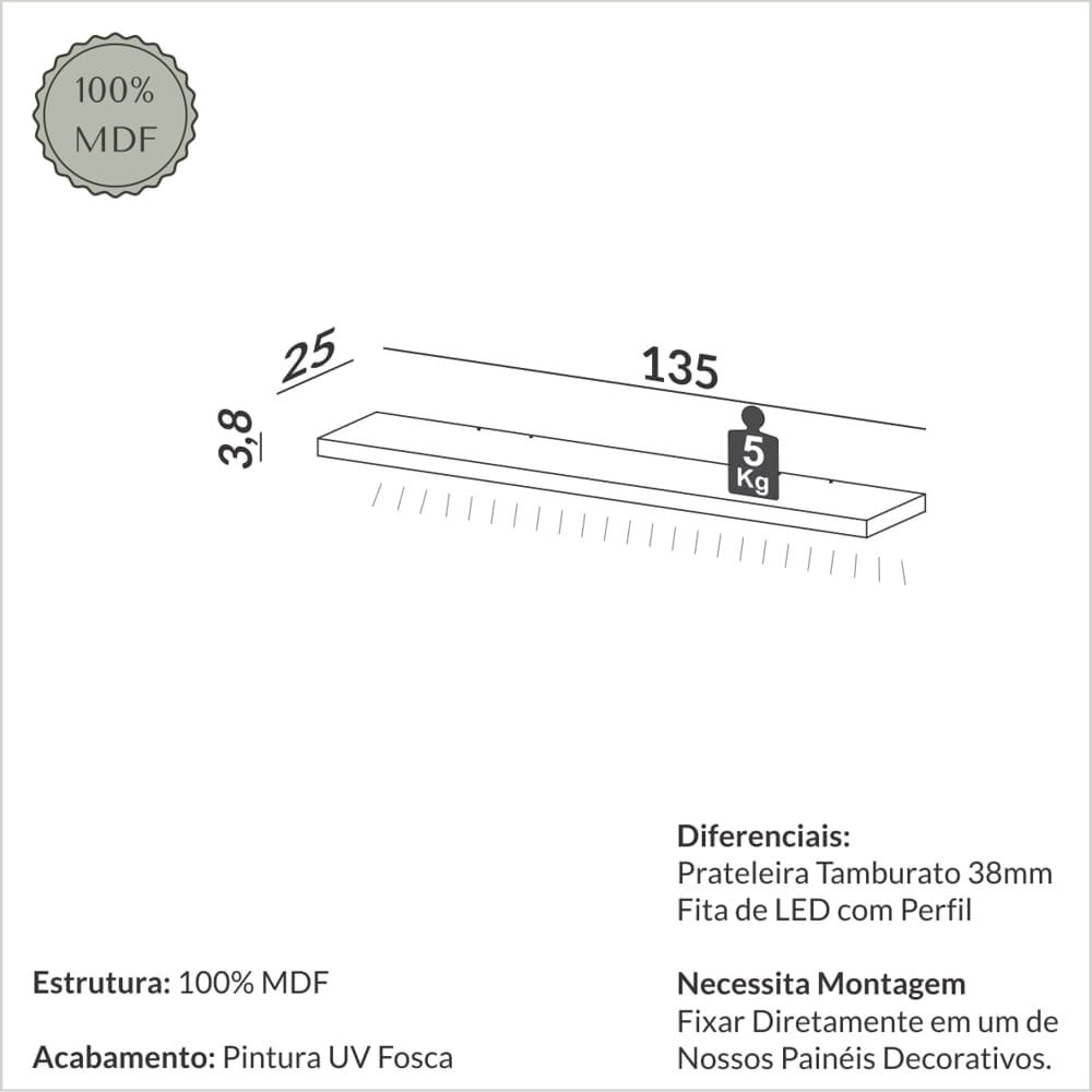 Prateleira 135 Cm com Fita Led Dlc Freijó - 3