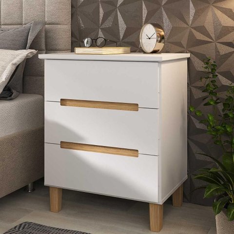 Mesa de Cabeceira Quarto 62cm com 3 Gavetas e Pés 100% Mdf Cor:branco com Olmo