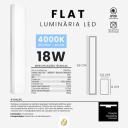 Luminária de Sobrepor Flat Led 4000k Luz Neutra 18w 59cm Branco Bivolt - 2