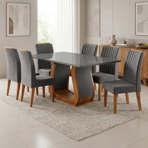 Mesa de Jantar com 6 Cadeiras com Tampo em Vidro Casuá Linha Inspirare Mel Cinza