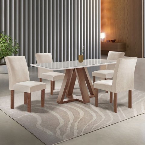 Mesa Kyra 120CMX90CM 4 Cadeiras Canela Tampo Smart Plus Vidro Off White