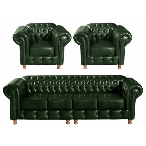 Kit Sofá Luis XV Chesterfield Modulado 4 Lugares + 2 Poltronas - Couríssimo Verde