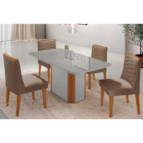 Sala Jantar Mesa Pietá Tampo c/ Vidro Curvo 120cm+4 Cadeiras Maldivas Naturale/Off White - Suede