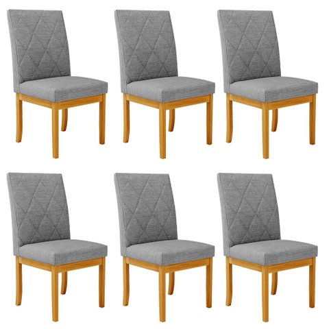 Kit 6 Cadeiras de Sala de Jantar Estofadas Gomes Madeira Maciça Linho Cinza G78 - Gran Belo Cadeira 