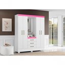 Ver imagem 1 de Guarda Roupa Casal Paris 4 Portas de Bater 3 Gavetas MDF com Espelho Branco e Rosa Aramóveis 163.