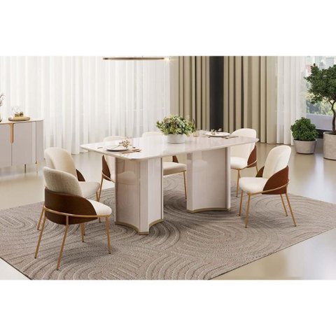 Sala de Jantar Completa Liz C/ Tampo Madeirado C/ Vidro Curvo 180x100cm e 6 Cadeiras Vitta Off White