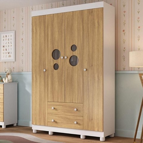Guarda-roupa Infantil 122cm com Vidro 4 Portas e 2 Gavetas Bombom Multimóveis Mp4463 Branco/