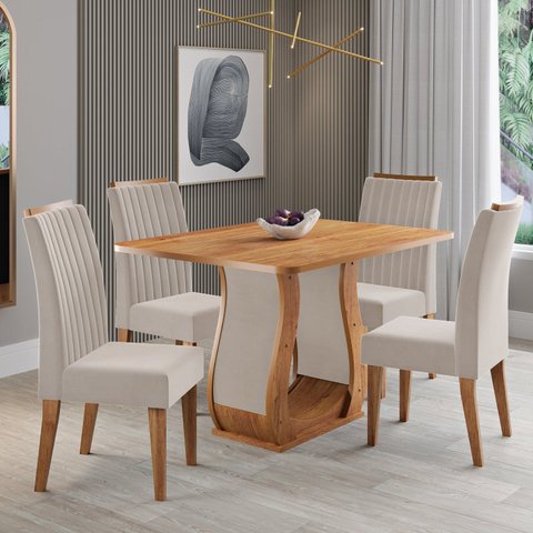 Conjunto Sala de Jantar 120x80,3cm Tampo sem Vidro com 4 Cadeiras Inspirare Yescasa Bege/Mel
