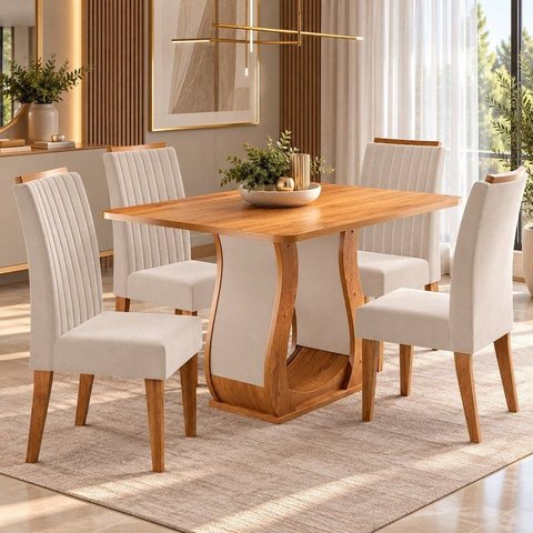 Conjunto Sala de Jantar 120x80,3cm Tampo sem Vidro com 4 Cadeiras Inspirare Yescasa Bege/Mel