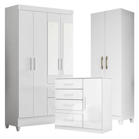 Guarda Roupa com Espelho Infantil Madri com Cômoda Vênus e Armário Multiuso New Íris Branco Brilho –