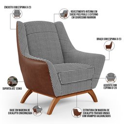 Kit 02 Poltronas Decorativas Base Em Madeira Juliet D02 Courissímo Marrom Pied Poule - Lyam Decor - 4