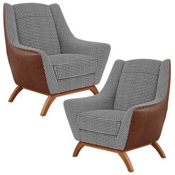 Kit 02 Poltronas Decorativas Base Em Madeira Juliet D02 Courissímo Marrom Pied Poule - Lyam Decor - 1