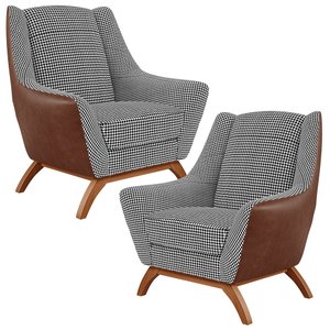 Kit 02 Poltronas Decorativas Base Em Madeira Juliet D02 Courissímo Marrom Pied Poule - Lyam Decor