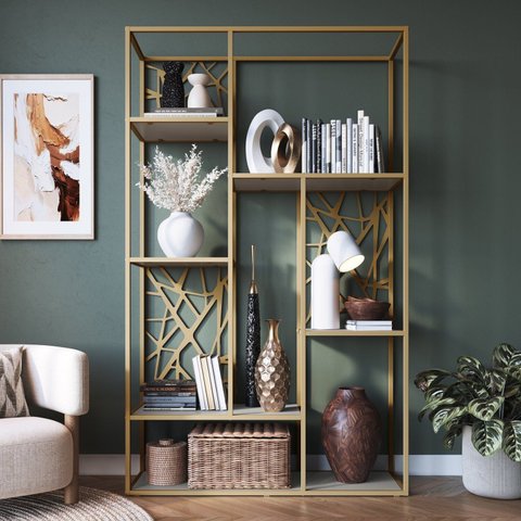 Estante para Sala de Estar 122cm 6 Prateleiras Destaques Bege/Champagne/Arena