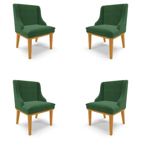 Kit 4 Cadeiras Decorativas Sala de Jantar Base Fixa de Madeira Firenze Veludo Verde Esmeralda/Castan