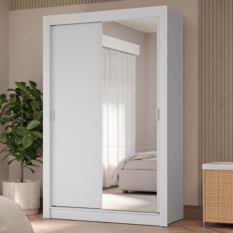 Guarda-roupa Solteiro 2 Portas de Correr com Espelho 4 Gavetas Branco Vivare Plus Madesa