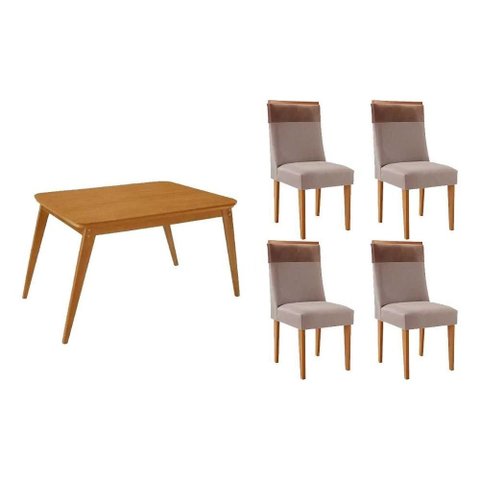 Sala de Jantar Completa Havana C/ Tampo Madeirado Canto Curvo 120x80cm e 4 Cadeiras Jaspe Naturale