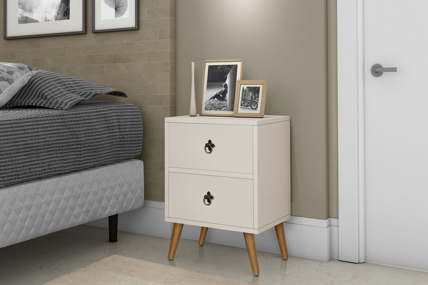 Mesa de Cabeceira com 2 Gaveta Pés Palito Retrô Ferrara- Off White - 1