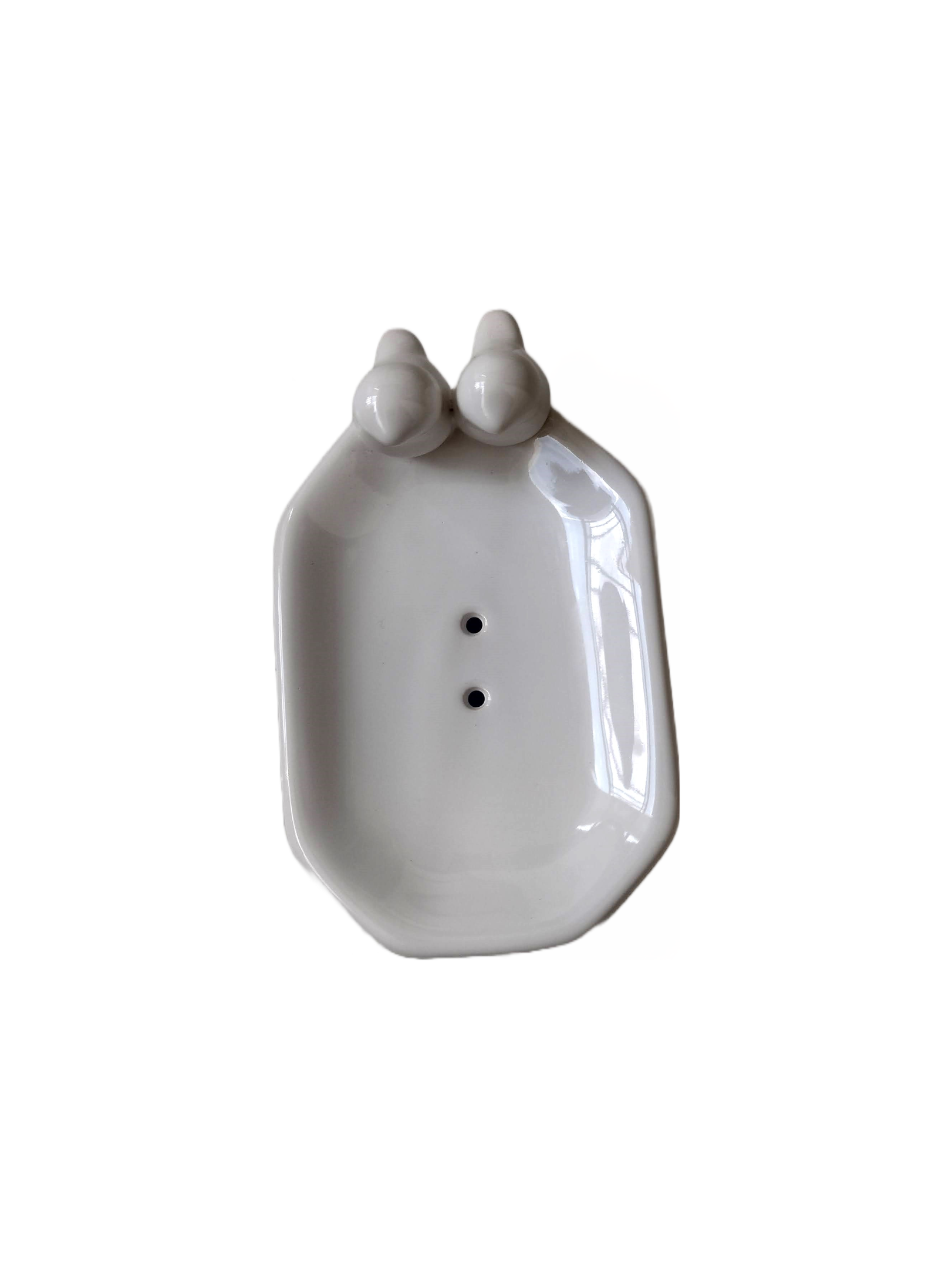 Saboneteira Cerâmica Passarinhos Branca com Dreno Aromá - 2