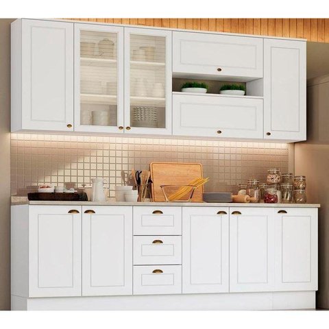 Cozinha Modulada Completa Americana 10 Peças (4 Aéreos + 3 Balcões + 3 Tampos) CZ266 Branco -